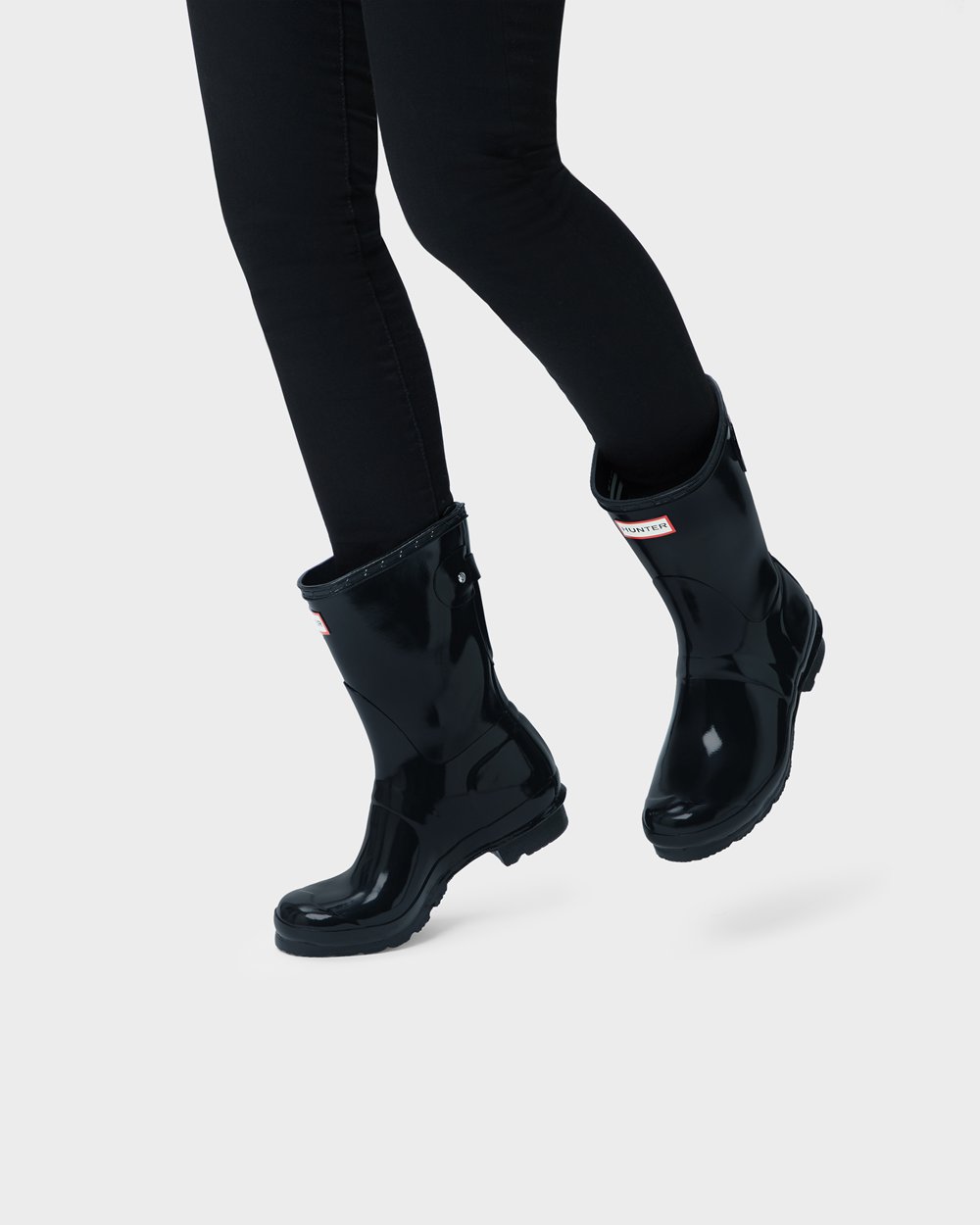 Botas de Lluvia Cortas Hunter Mujer - Original Back Adjustable Gloss - Negros - QKYBVNS-82